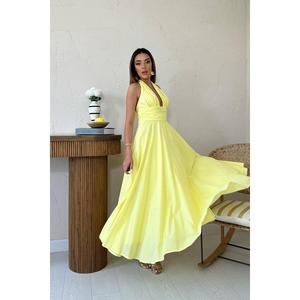 Vestido de Lino Amarillo con Cuello Halter y Cintura Imperio, Transpirable, para Fiestas o Uso Casual - Product Image 4
