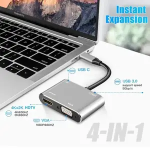 4 In 1 Usb C อะแดปเตอร์Hubประเภท C จอแสดงผลพอร์ตSplitterอะแดปเตอร์สนับสนุนHdmi 4K 60Hz Vga PD Usb3.0 ความเร็วสูงDocking Station Hub