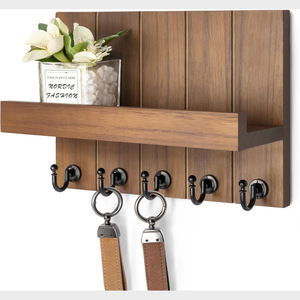 Solid Wood Wall Mounted Key Rack With <b>Shelf</b> 5 <b>Hooks</b> For Home Entryway Storage Organization - Product Image 1