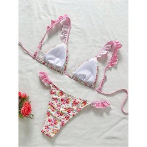 Women Floral <b>String</b> <b>Bikini</b> Set Spaghetti Strap Ruffle 2 Piece Swimsuit Cheeky Bathing Suit - Product Image 4
