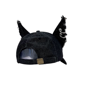 Ripped Denim <b>Baseball</b> <b>Cap</b> With 3D Ears And Metal Rings Punk Style Unisex Adjustable Hat Custom Logo Front Panel - Product Image 5
