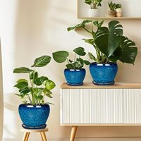 Pot de fleurs en céramique émaillée bleue effet four, grand modèle rond avec soucoupe, pour plantes d'intérieur