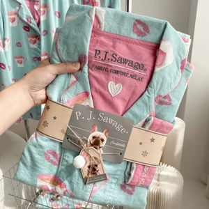 Ensemble de pyjama en satin de qualité pour femmes 0223 100% coton, nouveau, soie glacée et neige, manches longues, motif uni, robe de maison pour personnes âgées - Product Image 1