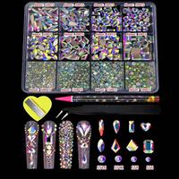 12 grilles fond plat strass pour ongles forme mélangée verre cristal Nail Art Luxe breloques Kit bricolage ongles décoration accessoires