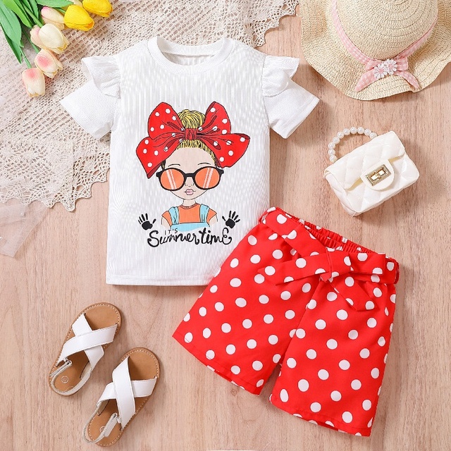 Fashion Children Girls Clothes Wholesale Short Sleeve Cartoon T Shirt Polka Dot Shorts 2Pcs Clothing Kids Summer Outfits
