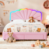 Magisches Teddybett mit bunten Lichtern, die sich zu jedem Rhythmus synchronisieren, USB-C-Anschluss und Aufbewahrungsschubladen, Rosa-Weiß