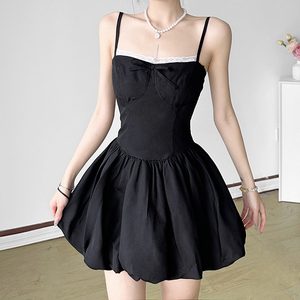 Women's Black Lace Trim <b>Spaghetti</b> <b>Strap</b> sweet Mini Dress, Bow Detail Corset Waist A-line Bubble Skirt - Product Image 3