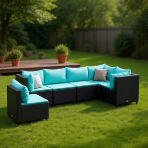 Conjunto de Muebles de Jardín de Ratán Negro, Diseño Contemporáneo, 6 Plazas, Patas Ajustables - Product Image 2