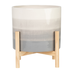 Vaso in ceramica con supporto in legno di pino, rotondo, per uso interno ed esterno - Product Image 3