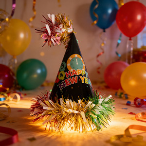 Cappelli a Cono Colorati Stampati '<span class=keywords><strong>Felice</strong></span> <span class=keywords><strong>Anno</strong></span> <span class=keywords><strong>Nuovo</strong></span>' con Bordo in Tinsel <span class=keywords><strong>e</strong></span> Pompon per Decorazioni Festive di Capodanno - Product Image 2