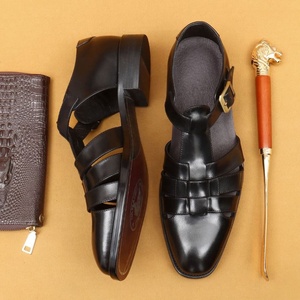 Sandales d'été pour hommes à brides croisées en cuir de vachette première couche, à bout ouvert, avec boucle, décontractées, respirantes, doublure en cuir - Product Image 3