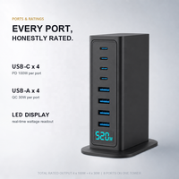 Chargeur GaN 520W tout-en-un, hub de bureau 8 ports, 4C PD100W 4A QC30W, affichage LED visuel, remplace 8, pour ordinateur portable