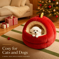 Lit pour animaux de compagnie en forme de pomme de Noël, maison-caverne en peluche pour chat et chien, doublure polaire chaude d'hiver, coussin épais, nid de Noël en forme de pomme