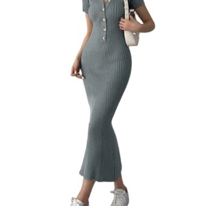 เดรสไหมพรมคอวีทรงเอเข้ารูปแขนสั้นความยาวปานกลางแบบหลวมๆ ผลิตตามสั่งขายส่งสำหรับฤดูร้อน รุ่นใหม่ ปกเสื้อแบบปกเชิ้ต ติดกระดุมแถวเดียว ผ้าวิสโคส/โพลีเอสเตอร์ - Product Image 3