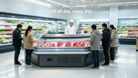Vitrine réfrigérée commerciale de type européen en acier inoxydable avec base, éclairage LED pour viande crue, idéale pour marché frigorifique/buffet/chaudron