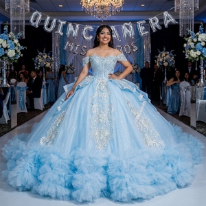 Xs319 Modern Stunning <b>Sky</b> <b>Blue</b> Sweetheart Gold Baroque Scroll Crystal Bow Floor-Length Ball Gown Ruffle Hem Quinceanera Dress - Product Image 1