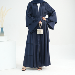Di alta qualità in raso di seta aperta Abaya EID Dubai Abaya Patchwork tre strati di raso fluente Cardigan abito musulmano con cintura - Product Image 3
