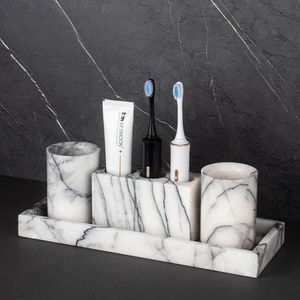 Juego de Baño de Mármol Lila Stonekocc de 8 Piezas, Organizador de Tocador Todo en Uno, Bandeja de Baño, Dispensador de Jabón, Portacepillos de Dientes - Product Image 2