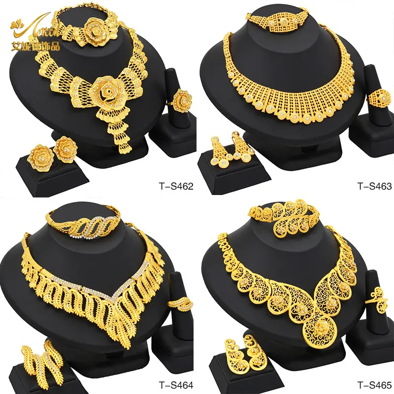 Wholesale 24k Solid Gold Indian Bridal Jewelry Set Wedding Nigerian Gold Necklace+Earrings+Bangle+Ring Jewelry