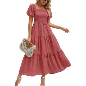 Robe longue d'été pour femme à manches bouffantes, col carré, froncée, à volants, coupe trapèze, respirante et fluide, idéale pour la plage - Product Image 1