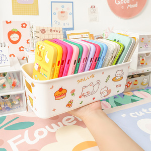 Boîte de rangement mignonne, organisateur de coques de téléphone, panier à cosmétiques de bureau empilable avec design autocollant pour une utilisation en dortoir étudiant - Product Image 1