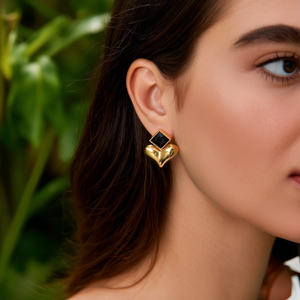 Fashion Drop <b>Earrings</b> Gold Plated Heart Shape With Black Stone <b>Studs</b> For Women Jewelry - Product Image 3