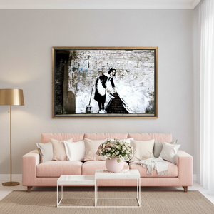 Banksy Graffiti Woman Canvas: Modern Wall Decor Printed Artwork,GOLD <b>FRAMED</b> CANVAS - Product Image 3