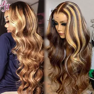 FH Direct Wholesale Good Volume 13x4 Transparent Lace Human Hair Wig Highlight Color Body Wave Lace Front Wig Ready To Ship