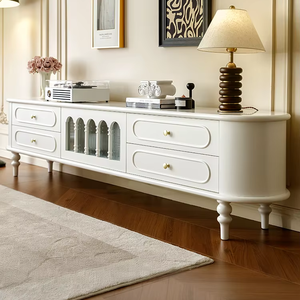 Ensemble de meubles TV en bois massif de style français, rangement à 4 tiroirs, meuble TV de salon en bois blanc - Product Image 3