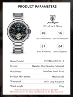 Montre-bracelet pour homme Poedagar 1413, tourbillon, acier inoxydable, étanche, automatique, mécanique, montre-bracelet pour homme, Reloj