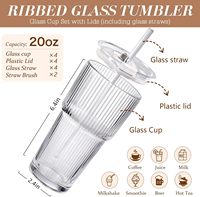 Gobelets à café glacé avec couvercles : Gobelet en verre côtelé pour café avec paille et couvercle, 20 oz, anti-fuite