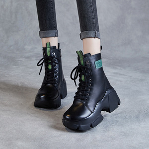 Botines de Plataforma con Cordones Negros para Mujer, Zapatos Planos de 8.5 cm, Resistentes al Agua, Parte Superior de Cuero Genuino Elástico, Forro Acolchado en el Talón - Product Image 1