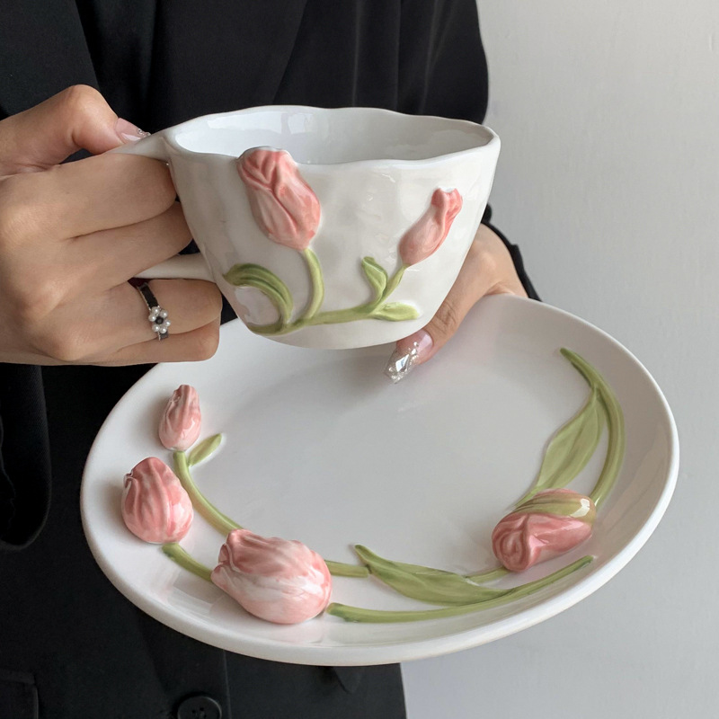 Pink tulip cup + pink tulip plate [ready stock]