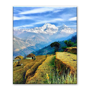 Hermoso paisaje terracotado nepalí con el Himalaya en el fondo, arte de pared impreso en lienzo para decoración del hogar. - Product Image 4