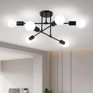 Moderne Sputnik Kroonluchter 6-Licht, Industriële Zwarte Semi-Flush Mount Hanglampen Voor Keuken Hal