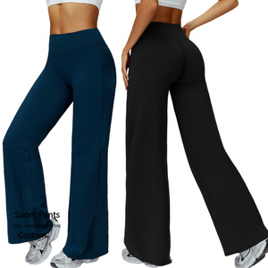 High Waist Tummy Control Straight-leg Pants Custom Logo Women Sports Wear <strong>Fleece</strong> Warm Running Trousers Wide Leg Workout Pants - Product Image 1