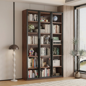 Modern Wood Bookcase With Glass Doors 6 Shelves <b>Storage</b> <b>Unit</b> For Home Office Living Room Furniture - Product Image 4