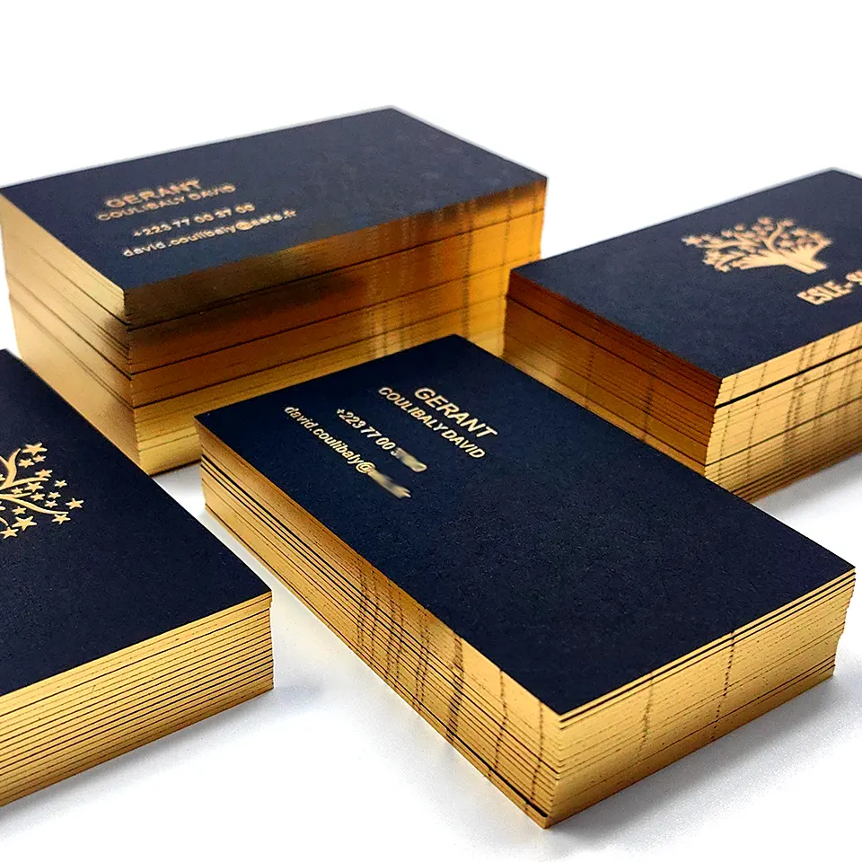 Özel siyah kartvizit altın folyo kenar Debossed LOGO sıcak damga pamuk kağıt ücretsiz tasarım kurumsal ziyaret adı kartı