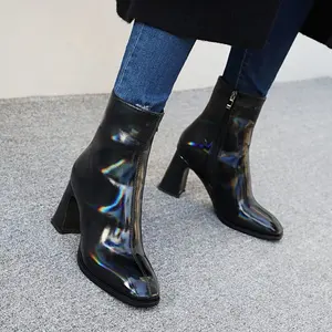 Hot Selling New Women Dress Shoes Chunky High Heel Square Toe Platform Ladies Ankle Boots Black White Red Winter Warm Sexy Boot