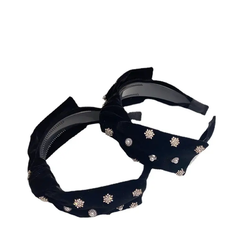 Fashion Korea Style Accessories Black Color Velvet Big Bow Headband with Rhinestone Plastic Hairband with Teeth for Girls Ladies
