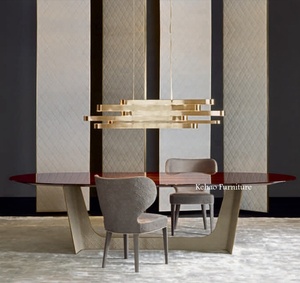 Juego de Mesa de Comedor Ovalada Moderna de Lujo Ligero para 8 Personas, Mesa de Comedor de Madera Maciza con Base de Mármol, <span class=keywords><strong>Cuero</strong></span> y Metal - Product Image 5