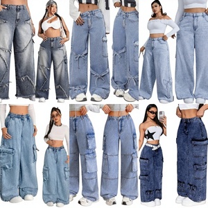 Nuovi <span class=keywords><strong>Pantaloni</strong></span> Casual da Donna con Tasche a Tubo, Gamba Larga, Design Cool Girl, Stile Retrò in Denim - Product Image 1