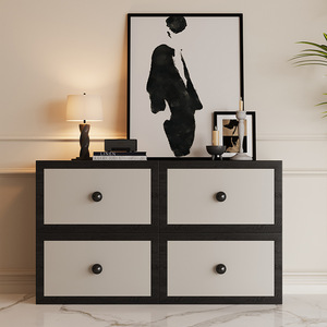 Living Room Cabinet <b>4</b> <b>Drawers</b> <b>Storage</b> Solid Wood And Leather Black White Design - Product Image 1