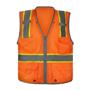 Two-Tone Reflective High Visibility Zipper Multi-Pocket Chaleco Mesh Construction Road Safety Workwear Uniform Vest