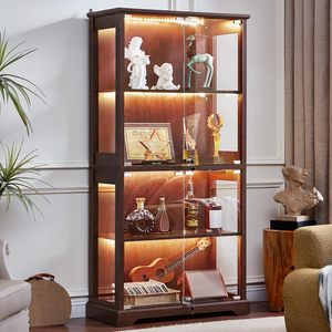 Vitrina Moderna de Madera SENYU con Iluminación LED, 4 Estantes, Puertas de Vidrio, Mueble de Almacenamiento para Sala de Estar, Vitrina para Curiosidades - Product Image 1