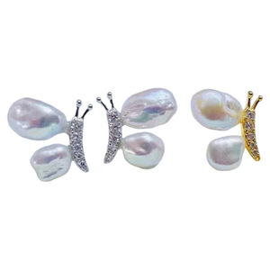 22595 S925 <b>Silver</b> DIY <b>Pearl</b> Accessories Empty Support Double Butterfly <b>Earrings</b> with 6-9mm Round Beads 6-9mm Round Beads - Product Image 5
