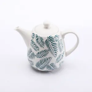 Hot Sale Custom Kitchenware Ceramic Porcelain Teapot with Pad-Printing Plant Pattern Delicate Bone china Coffee Water Kettle