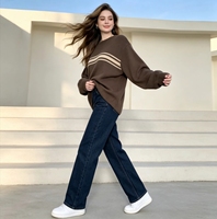 Pull à col rond rayé marron pour femme - Pull en tricot ample et doux, haut d'hiver chaud à manches longues de style vintage pour un usage quotidien décontracté