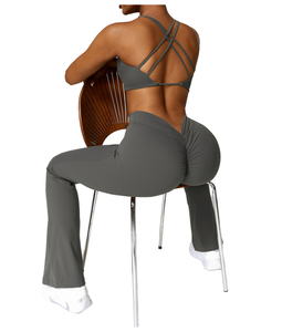 Leggings de yoga taille haute à jambe évasée, design personnalisé, avec effet froncé aux fesses, couleur unie, sans couture, longueur intégrale, taille élastique, gris - Product Image 1