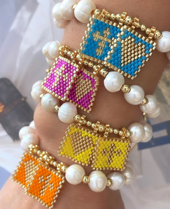 <span class=keywords><strong>Bracelet</strong></span> à breloques en corde élastique en <span class=keywords><strong>plastique</strong></span> pour filles, fait à la main, Style Simple, Boho, croix, cœur, perle d'eau douce naturelle, perlé - Product Image 2